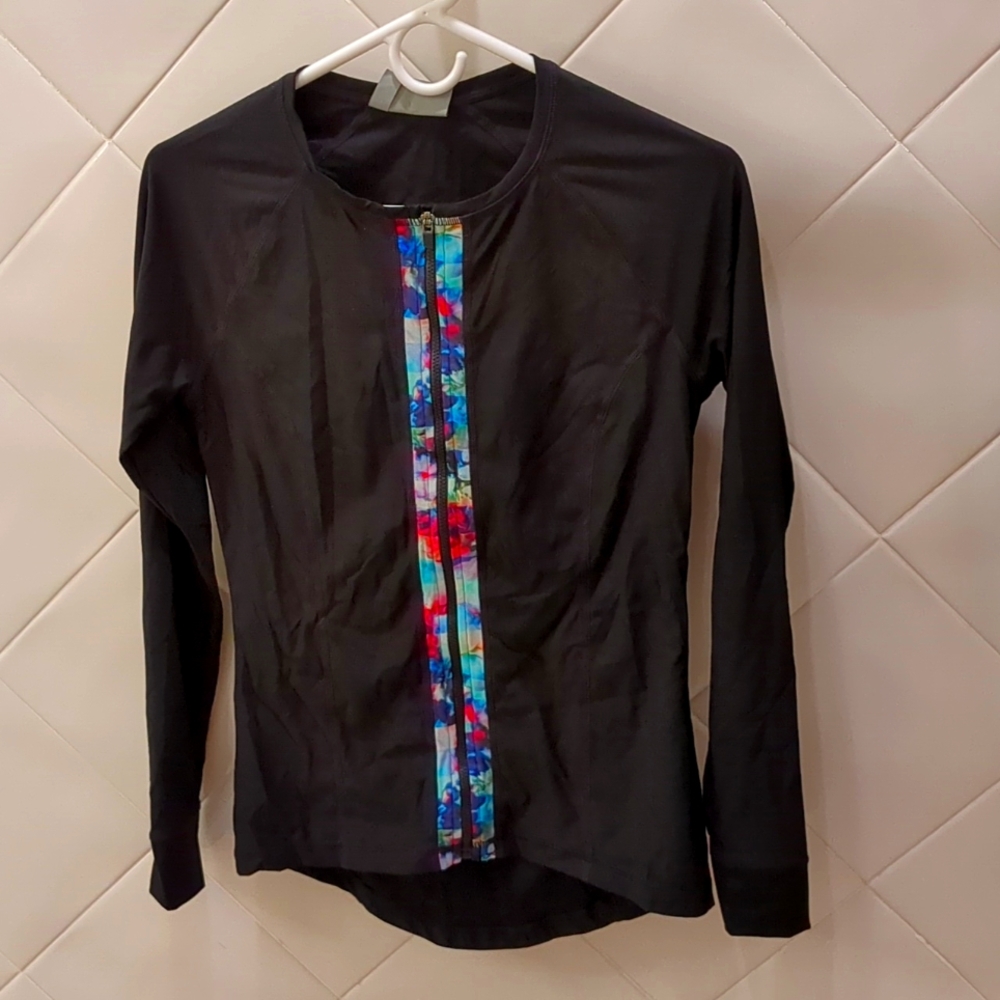 Athleta Jacket Zip Up Womens Size S Black Multi color trim Long Sleeve Stretchy